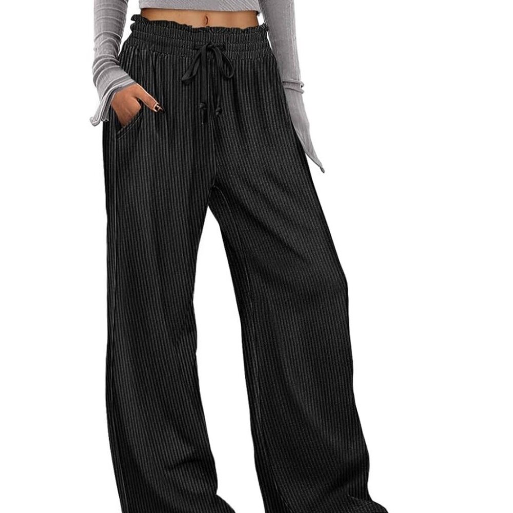 YESNO Wide Leg Corduroy Pants – Drawstring High Waist – Size L – Black – NWT
